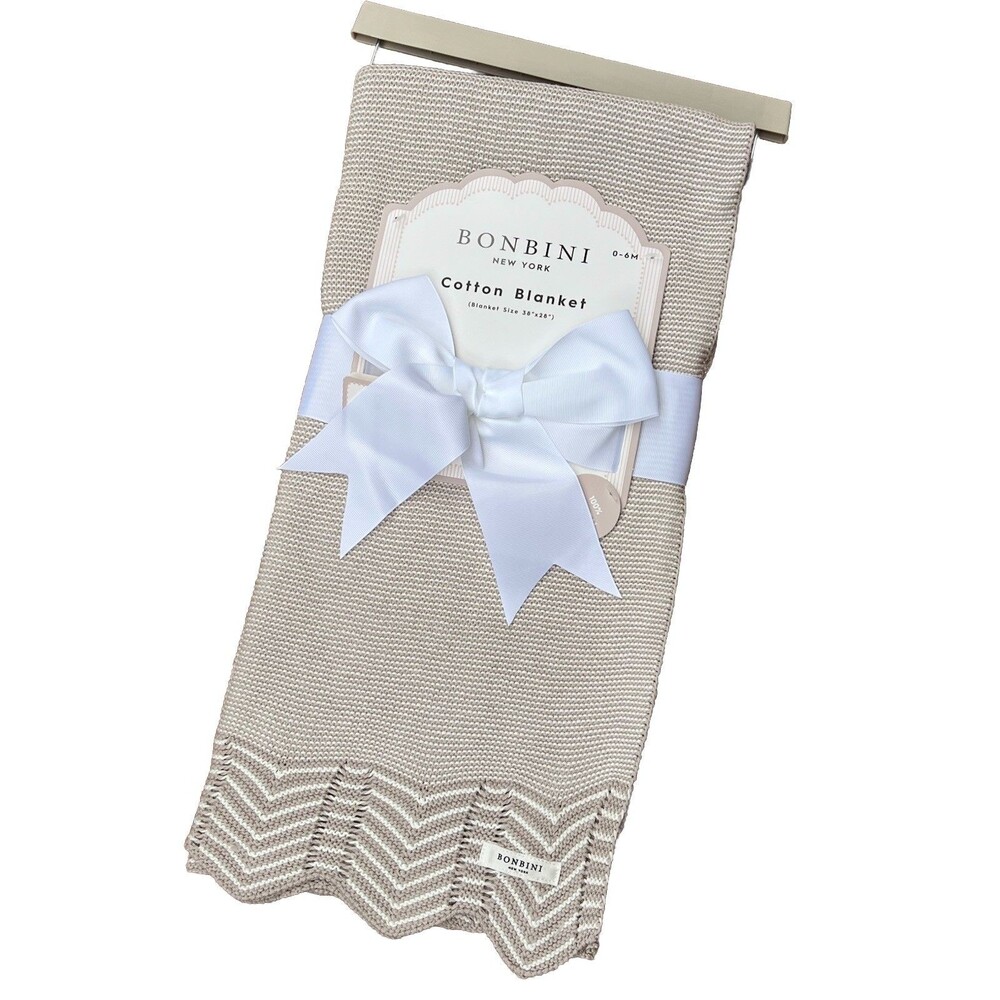 Bonbini Cotton Knit Baby Blanket Zig Zag Beige Neutral Chevron Stepping Stones